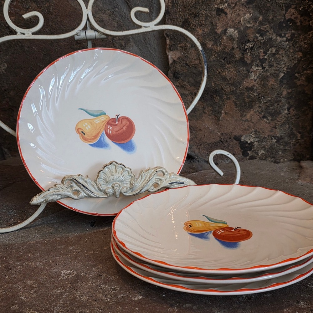 Vtg Harker Bakerite Fruit Swirl Plates Set of 4 Pear Apple USA 9" cottagecore